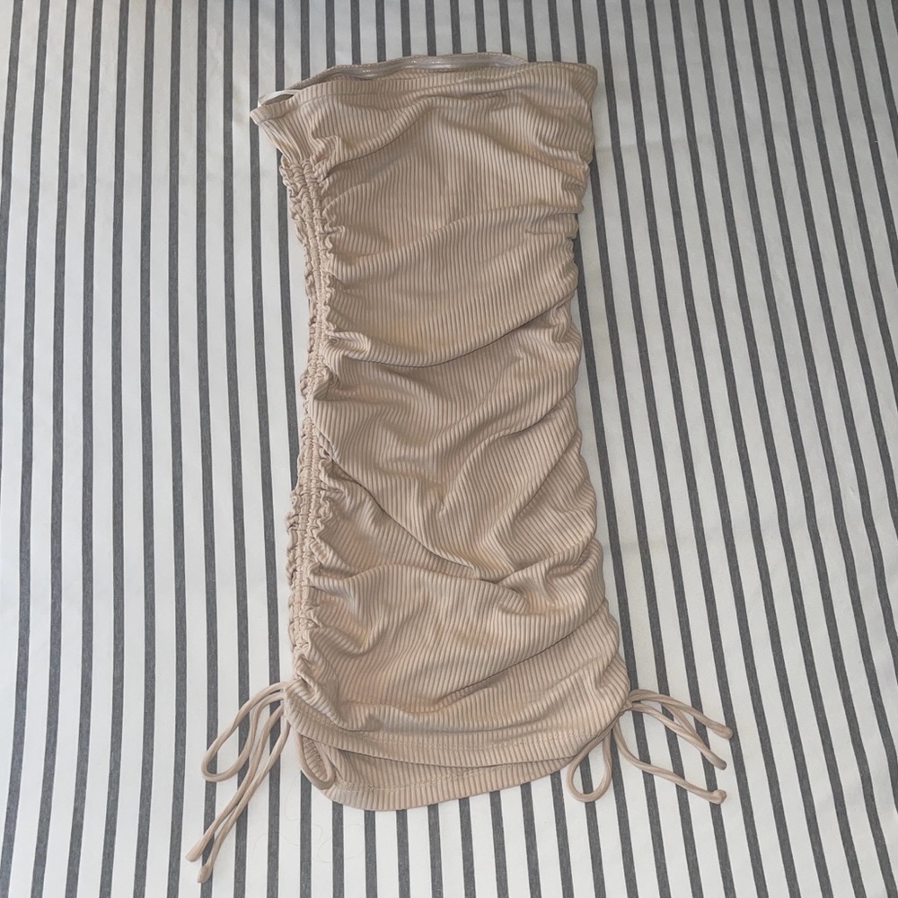Princess Polly Ribbed Strapless Ruched Dress Light Tan Dress 2